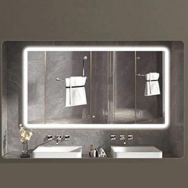 Imagem de TRGCJGH Espelho de banheiro iluminado por LED Espelho iluminado por LED para vaidade do banheiro Espelho de maquiagem de parede sem moldura com luz de fundo, Luz branca - 90 x 70 cm