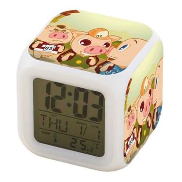 Imagem de Despertador digital LED de três porquinhos quadrado 8x8x8cm - yiweisai