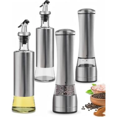 Imagem de Conjunto de 4 peças, 2 Galheteiro Azeite e Vinagre + 2 Moedor de Sal e Pimenta em Aço Inox