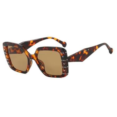 Imagem de HCHES Óculos de Sol Femininos Retro Gradient de Luxo com Armação Incrustada de Rebites e Proteção UV400 (Marrom Leopardo)