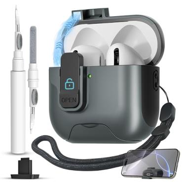 Imagem de Capa para AirPods 4 com trava segura, trava magnética automática com função de suporte de telefone, kit de limpeza de capa protetora rígida à prova de choque para Apple AirPod capa de 4ª geração 2024