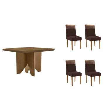 Imagem de Sala Jantar Mesa Nevada Tampo Curvo 90cm+4 Cadeiras Jaspe Madeira Naturale - Capuccino/Suede Marrom - Rufato