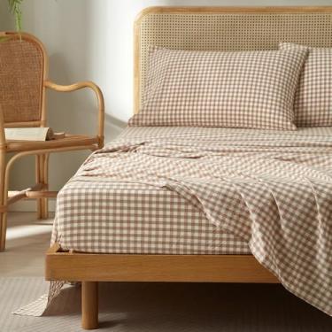 Imagem de LifeTB Jogo de lençol solteiro de guingão caramelo, respirável, macio, 100% algodão lavado, bege, xadrez, com bolso profundo de 40,6 cm, conjunto de lençóis vintage xadrez guingão, casa de fazenda