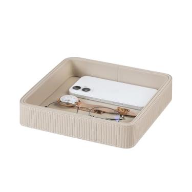 Imagem de Cretkhp Organizador de manobrista de couro PU, bandeja de armazenamento moderna para mesa de cabeceira, organizador de perfume decorativo para penteadeira, banheiro, quarto (bege, quadrado)