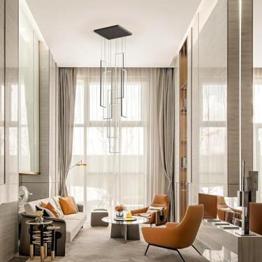 Imagem de Lustre moderno de LED com 6 lâmpadas - Luminária de teto retangular dimerizável com controle remoto, luminária pendente de alumínio para tetos altos - Ideal para hotéis, restaurantes, salas