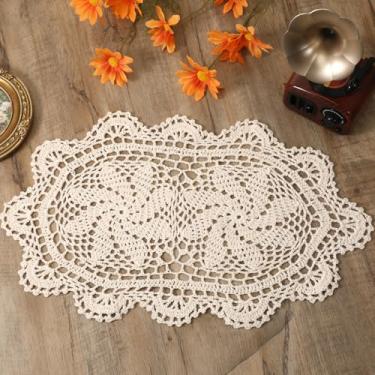 Imagem de Doilies de crochê feitos à mão, toalha de mesa de renda de algodão, porta-copos, ovais, vintage, para móveis, mesas, cômodas, bandejas de sobremesa, artesanato, 25,4 x 40,6 cm, bege