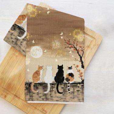 Imagem de Toalhas de cozinha artísticas para gatos, toalha de prato decorativa de microfibra absorvente, toalhas de mão de waffle para cozinha, casa, banheiro, presentes para amantes de gatos