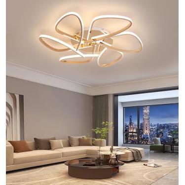 Imagem de Luminária de teto LED com controle remoto, moderna e dimerizável, com estrutura metálica embutida, ideal para salas de estar, quartos, salas de jantar e escritórios (dourada, 75 cm).