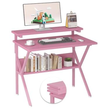 Imagem de COTUBLR Mesa pequena, mesa de computador pequena de 60 cm para espaços, mesas de computador com suporte ajustável para monitor, mesas compactas com armazenamento, mesa de estudo pequena para quarto