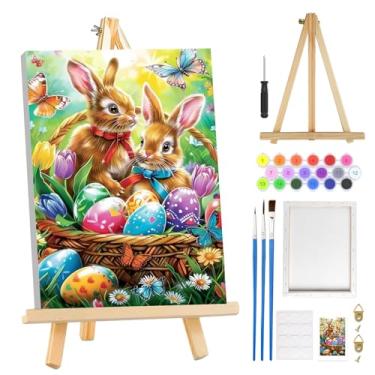 Imagem de MOGTAA Kit de pintura de coelhinho da Páscoa por números para adultos iniciantes com moldura, kits de pintura por números de ovos de Páscoa em tela com cavalete, kits de pintura a óleo de borboleta