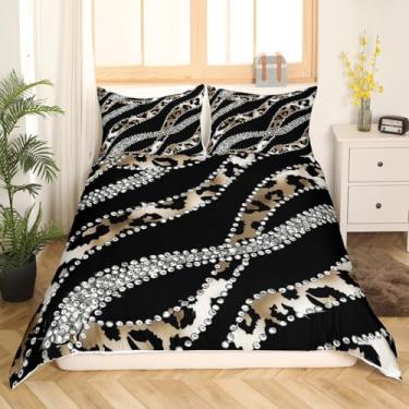 Imagem de Conjunto de capa de edredom King com estampa de leopardo, estampa de diamante de cristal prateado com 2 fronhas, conjunto de capa de edredom de microfibra geométrica abstrata de linha ondulada (sem