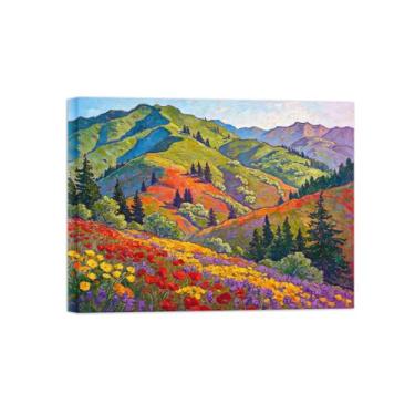 Imagem de Impressão em tela de paisagem de arte de parede - flores de árvore de montanha - quadros de pintura de decoração para sala de estar pronta para pendurar tela embrulhada 80 x 105 cm 31 x 41 pol