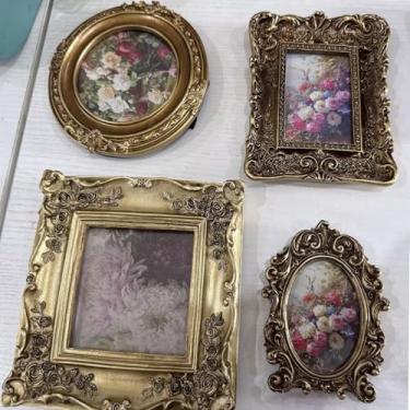 Imagem de Himitimi Conjunto de 4 molduras vintage pequenas, molduras de resina antiga, moldura dourada ornamentada, para exibição de mesa, decoração de casa, galeria, quarto, redondo, oval, retangular, quadrado