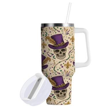 Imagem de ATTX Copo de carnaval de caveira de 1,134 g com alça - Caneca de viagem de aço inoxidável isolada a vácuo, copo de café à prova de vazamento com canudo #35