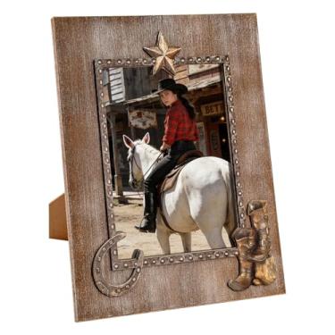 Imagem de CFDYMTJ Moldura de cowboy em ferradura para foto de 20 x 25 cm com vidro verdadeiro, moldura rústica para pendurar na parede e mesa, presente para decoração de casa e artesanato