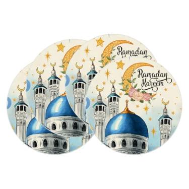 Imagem de XCHI Jogo americano redondo Moons Stars Ramadan Kareem, conjunto de 4 tapetes de mesa para festa, casa, cozinha, decoração de mesa de jantar, 35 x 35 cm