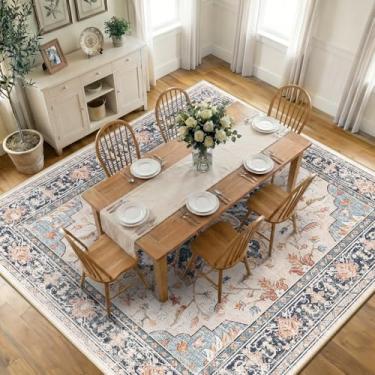 Imagem de RELEANY Tapetes quadrados 3 m lavável, antiderrapante, floral, vintage, estampa de angústia, tapete medalhão para sala de estar, quarto, sala de jantar, bege, azul marinho, laranja, colorido