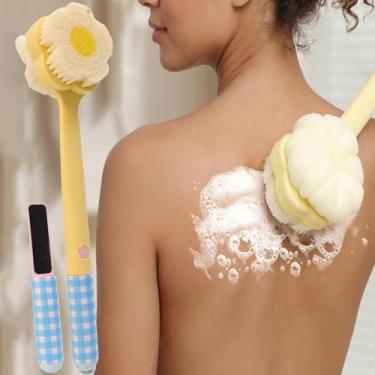 Imagem de 1 escova de banho dupla face, cabo longo, esfoliante, massagem nos pés, chuveiro, spa e acessórios de banheiro (estilo veludo amarelo)