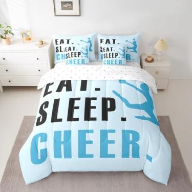 Imagem de Feelyou Jogo de cama casal com edredom Cheer com estampa ombré, azul claro, líder de torcida, 7 peças, para crianças, meninos, meninas e adolescentes, conjunto de cama em uma bolsa