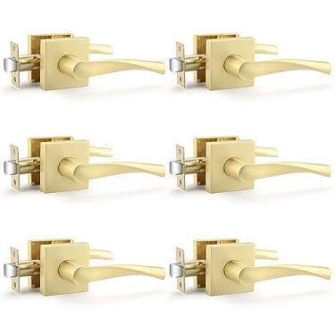 Imagem de Bonpoly Pacote com 6 maçanetas de porta, maçanetas de porta de passagem interior sem chave, alavancas modernas de latão acetinado para corredor e armário, mão esquerda ou direita