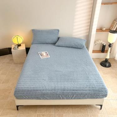 Imagem de Lençol Queen de tecido waffle com bolso profundo de 38 cm - Lençol de cama texturizado ultramacio com elástico em toda a volta - Roupa de cama respirável de qualidade hoteleira, azul empoeirado