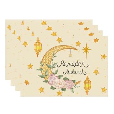 Imagem de XCHI Jogo americano em aquarela com estrelas e flores da lua Ramadã Mubarak, conjunto de 4 tapetes de mesa para festa, casa, cozinha, decoração de mesa de jantar, 30 x 45 cm