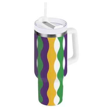 Imagem de Blueangle Copo isolado de listras onduladas de 1,134 g com alça e tampa de palha, caneca de viagem reutilizável de aço inoxidável (821)