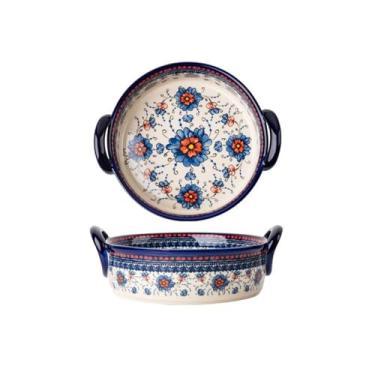 Imagem de x3anggyt5 Assadeira de cerâmica vintage tigela de alça doméstica tigela de mesa criativa tigela de orelha dupla tigela de sopa, prato de salada, caçarola para forno (18,5 cm)