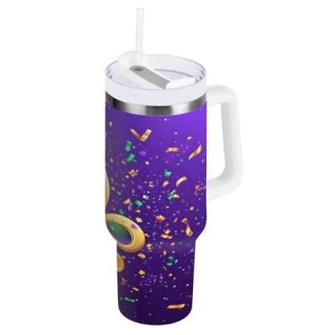 Imagem de Blueangle Copo isolado de carnaval de 850 g com alça e tampa de palha, caneca de viagem reutilizável de aço inoxidável (282)