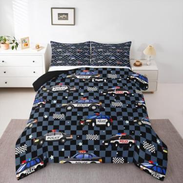 Imagem de Feelyou Conjunto de edredom casal com desenho animado de carro de polícia, para crianças, meninos, meninas, azul, preto, xadrez, edredom com veículo policial, decoração de quarto de microfibra, 3