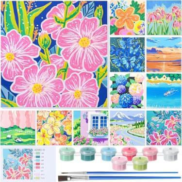 Imagem de Nezyo 12 conjuntos de kit de pintura por números com moldura para iniciantes adultos, tinta acrílica DIY por tela numérica para festa de pintura, presente de aniversário de atividade em sala de aula