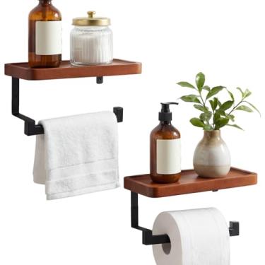 Imagem de Fiwochic Suporte de toalha montado na parede com prateleira de madeira - 23,5 x 12 cm de anel de toalha de madeira e metal organizador de banho para banheiro, cozinha, sala de estar, banheiro