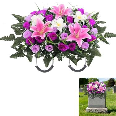Imagem de Hibsotco Sela de flores de cemitério – Flores de sepultura para cemitério, arranjo de rosas artificiais, lírios e orquídeas para lápide – Decoração de túmulo para todos os climas para decorações de