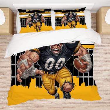 Imagem de Allenjoy Conjunto de edredom de futebol americano Pittsburgh, preto, resistente, com 2 fronhas, para homens, fãs de irmão, filho, quarto de bebê, lavável na máquina, tamanho casal