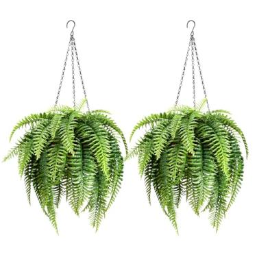 Imagem de PABREY 2 conjuntos de samambaias falsas com cestos pendurados, plantas falsas realistas, samambaias artificiais resistentes a UV para ambientes externos para varanda, pátio, jardim, decoração de casa