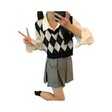 Imagem de Top Cropped De Tricô Sem Mangas Em Estampa Xadrez Vintage Para Mulhere