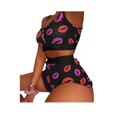 Imagem de Conjunto De Pijama Sexy Feminino 2 Peças Com Estampa, Camisola, Top E 
