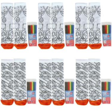 Imagem de Kit Com 6 Pares De Meias Criativas De Pintar Colorir Com 6 Canetas Hid