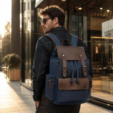 Imagem de Mochila Masculina de Lona Retrô Notebook Estudante Escola Viagem Traba