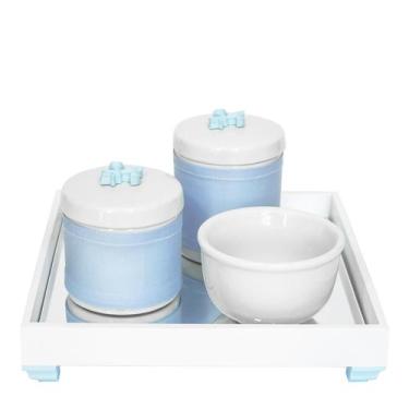 Imagem de Kit Higiene Espelho Potes, Molhadeira E Capa Flor De Liz Azul Quarto B
