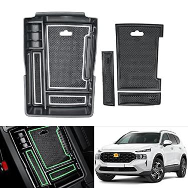 Imagem de Autorder Organizador de console central para Hyundai Santa Fe TM 2021 2022 Caixa organizadora de armazenamento secundário com suporte de moeda (1 tapete fluorescente + 1 tapete preto normal) 2 tapetes coloridos