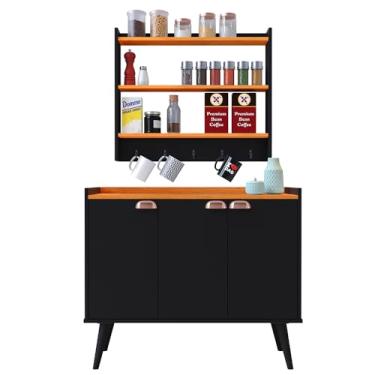 Imagem de Kit Aparador Buffet Retrô Pés Palito Cantinho Café Truzzi Armário Prateleiras Organizadoras Suspenso Amélia - RPM Móveis (Preto/Cinamomo)