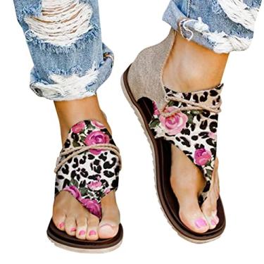 Imagem de Sandálias femininas modernas confortáveis sandálias planas com zíper floral impresso chinelos respiráveis peep toe sandálias, rosa, 9