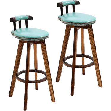 Imagem de Conjunto de bancos de bar rotativos com 2 cadeiras retrô de madeira maciça, com almofada e encosto de PU, para café da manhã em bares, cafés, restaurantes, banco alto, carga de 150 kg, verde