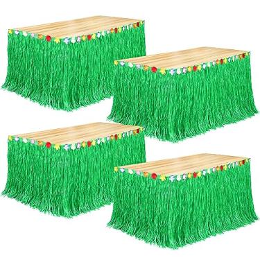 Imagem de Fovths Pacote com 4 saia de mesa Luau Grass natural 22 cm x 71 cm saia de mesa havaiana para decoração de festa tropical havaiana festa à fantasia Luau, verde