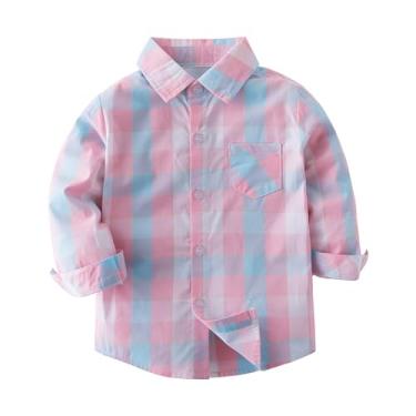 Imagem de Camisa social casual de botões para meninos pequenos, manga comprida, camisa xadrez com botões, camisa casual para meninos, roupa de cavalheiro, Azul claro, 4-5 Anos