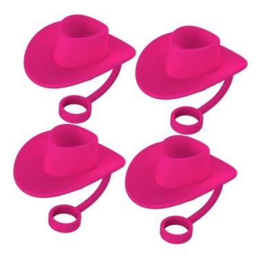 Imagem de Ioensy 4x chapéu de cowboy em forma de palha cobre tampa de palha rolha de silicone palha poeira plug para acessórios de copo de cozinha, Rosa vermelha
