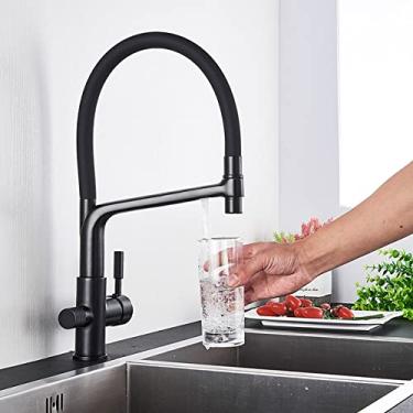 Imagem de Torneira de cozinha com filtro, bico preto, misturador de água potável, rotação de 360 graus, água quente e fria, recurso de purificação, preto