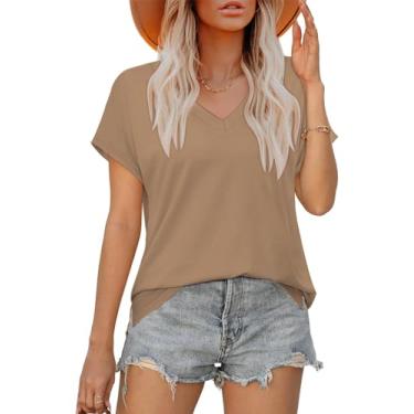 Imagem de KINGFEN Camisetas femininas de algodão com gola V casual manga curta roupas de verão 2024, Caqui, GG