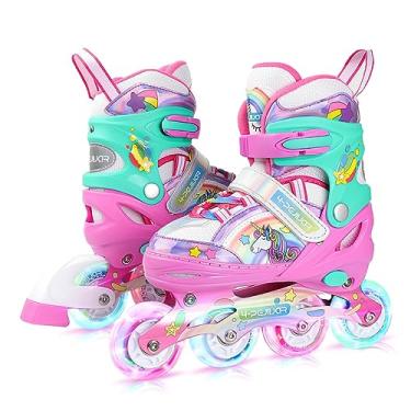 Imagem de Patins em linha unicórnio arco-íris para meninas adolescentes mulheres, lâminas 4-Pejiijar para meninas de 6 a 8 a 12 anos com rodas luminosas, patins ajustáveis para presentes de aniversário e Natal